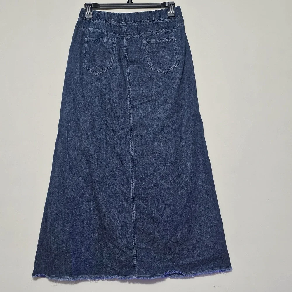 Women Jeans Skirt‎ Large 12/14 Long A-Line Cotton Blend Elastic Waistband 529